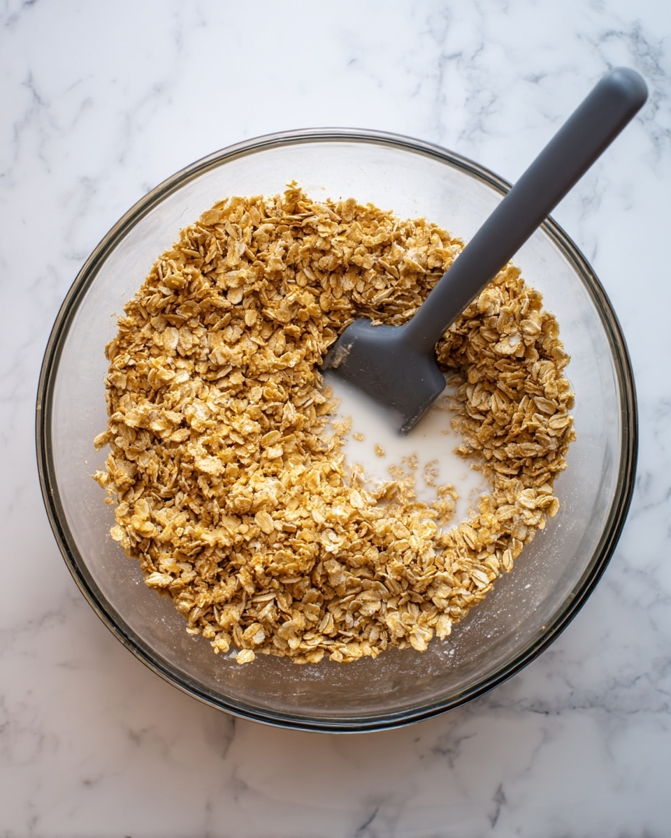 A clear glass bowl holds a thick mixture of golden-brown oats. The oats form a dense layer with a coarse texture, covering most of the bowl's inside. In the center, there is a small pool of white liquid, likely milk or a similar ingredient, partially absorbed into the oats. A dark gray spatula rests in the bowl, positioned diagonally from the upper right toward the center, slightly lifting some of the oat mixture. The bowl is placed on a white marbled surface. Photo taken with an iphone --ar 4:5 --v 7