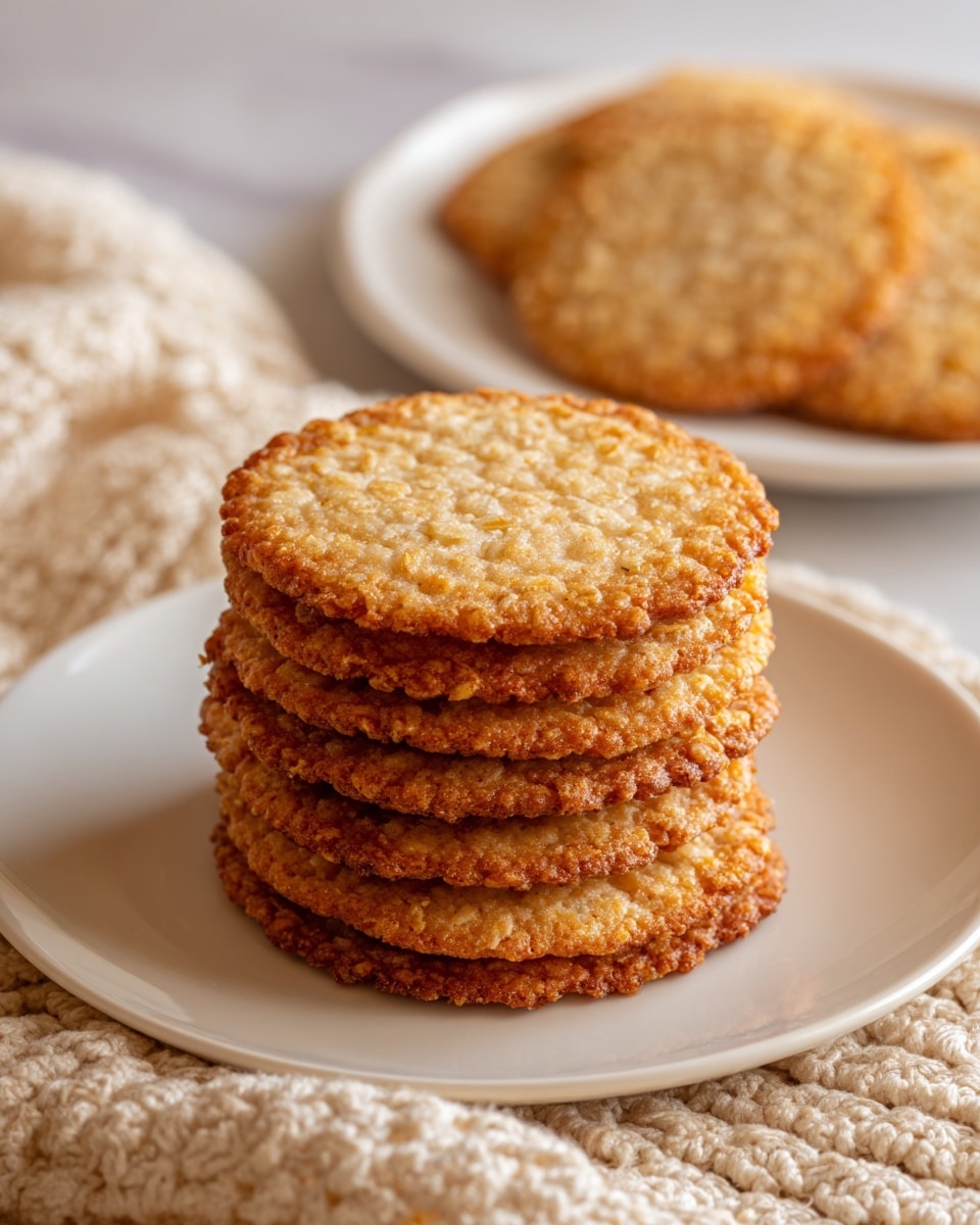 A stack of thin, round, golden brown oat cookies is placed on a white plate on a beige crocheted cloth. The cookies have a crunchy texture with visible oats and slightly darker edges, making them look crispy. In the blurry background, another white plate holds a few more cookies, all set on a white marbled surface. The scene is softly lit, showing the warm colors of the oat cookies clearly. photo taken with an iphone --ar 4:5 --v 7