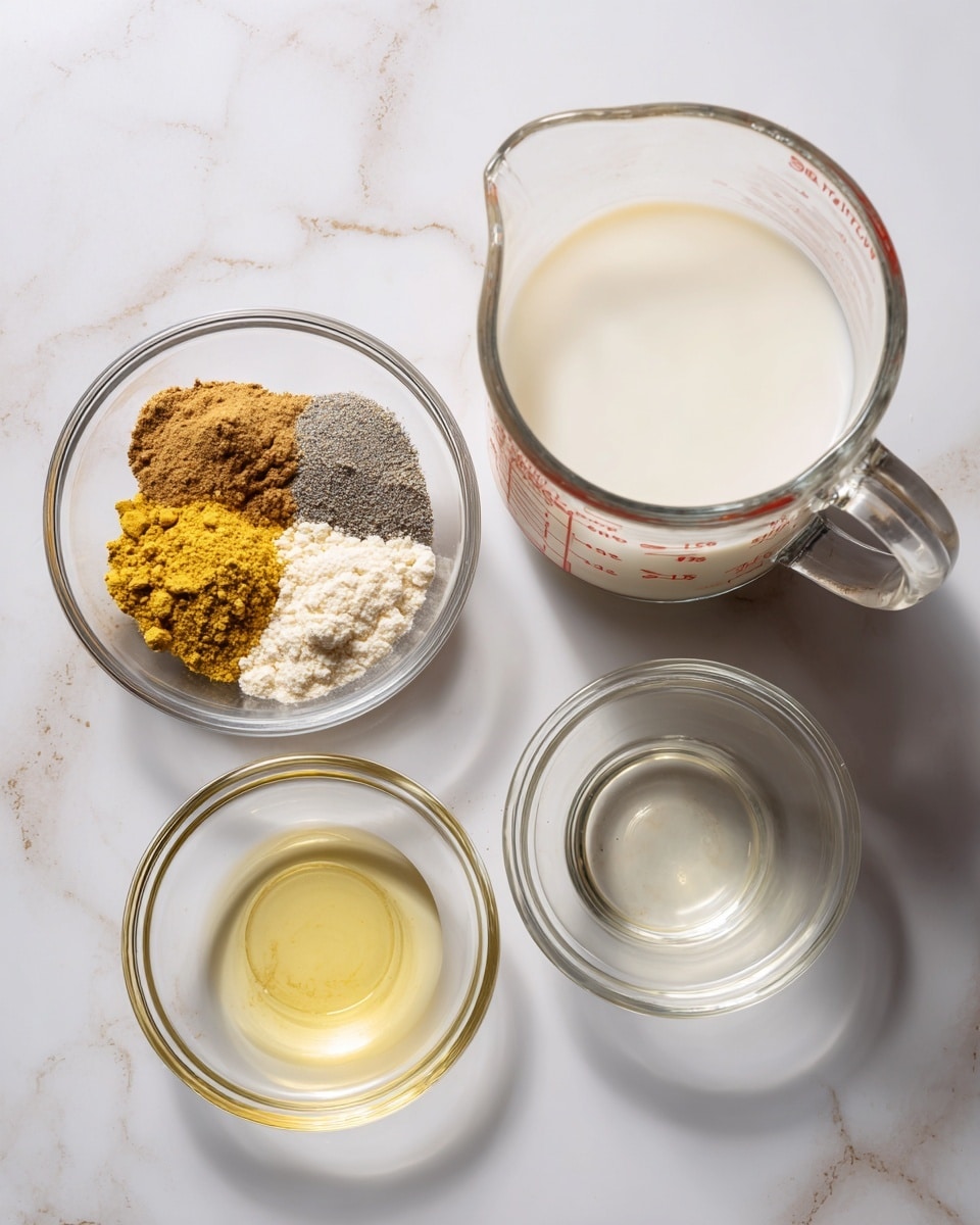 The image shows four glass containers with different ingredients, placed on a white marbled surface. On the top right is a large clear glass measuring jug filled with white liquid. To the left are three smaller clear glass bowls arranged in a triangular shape: the top bowl contains four piles of powdered spices in shades of yellow, brown, light beige, and dark grey; the bottom left bowl holds a small amount of pale yellow oil; the bottom right bowl contains a small amount of a clear liquid. The scene is bright and simple, focusing on the ingredients without any extra items. photo taken with an iphone --ar 4:5 --v 7