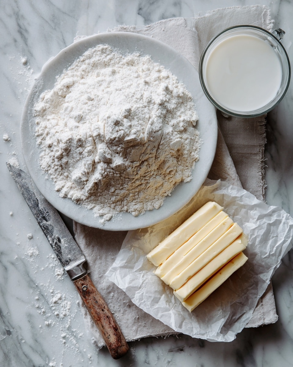 The image shows three main items placed on a white marbled surface: a round white plate filled with a pile of white flour, a clear glass bowl filled with milk, and a piece of butter in three thick slices resting on a crumpled piece of wax paper with a small knife next to it; the knife has a wooden handle and a slightly worn blade. photo taken with an iphone --ar 4:5 --v 7