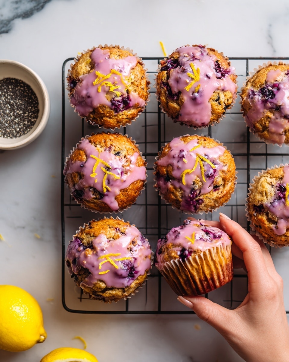The image shows six golden brown muffins with a slightly rough texture, dotted with small dark specks, arranged on a black cooling rack. Each muffin is topped with a shiny, thick pink glaze that drips down the sides, accented with whole blueberries embedded in the glaze. One muffin at the center front is bitten into, revealing a soft, crumbly inside with dark seeds. The cooling rack sits on a white marbled surface with scattered drops of the same pink glaze. In the background, a small wooden bowl filled with poppy seeds is visible, along with part of a yellow lemon and a white cloth partially shown at the bottom right. Photo taken with an iphone --ar 4:5 --v 7