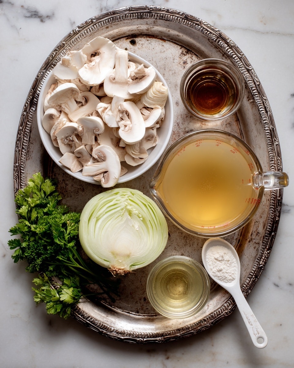 The image shows two white bowls filled with sliced white mushrooms, placed on the left side of a worn silver tray. In the center of the tray is a halved onion with light green and white layers. Above the onion are two small clear glass bowls, one with a dark brown liquid and the other with a clear light yellow liquid. Below the onion is a glass measuring cup filled with a golden yellow broth or juice. On the bottom left corner is a small bunch of green parsley, and next to it, a white measuring spoon filled with white powder. The entire setup is on a white marbled surface. Photo taken with an iphone --ar 4:5 --v 7