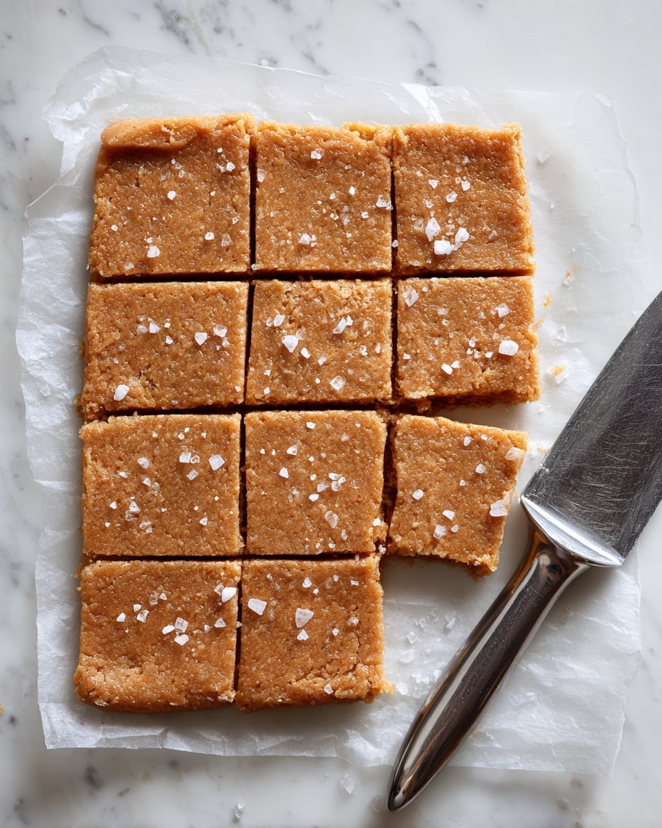 A rectangular sheet of dough with a light brown color and grainy texture is rolled out flat on a piece of parchment paper. The dough is cut into small square pieces with clean lines, about five squares across and six down. There are some flakes of coarse sea salt sprinkled evenly on top. A silver pizza cutter with a black handle rests at the bottom right corner on the white marbled surface. photo taken with an iphone --ar 4:5 --v 7