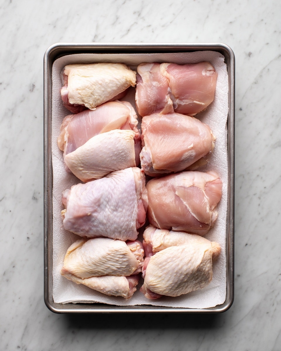 The image shows a metal tray lined with white paper towels holding ten raw pieces of chicken. The chicken pieces are of different shapes and sizes, including a mix of smooth pink skin parts and white skin parts folded or slightly curled. The chicken is arranged in two rows, filling the tray evenly. The tray sits on a white marbled surface. Photo taken with an iphone --ar 4:5 --v 7