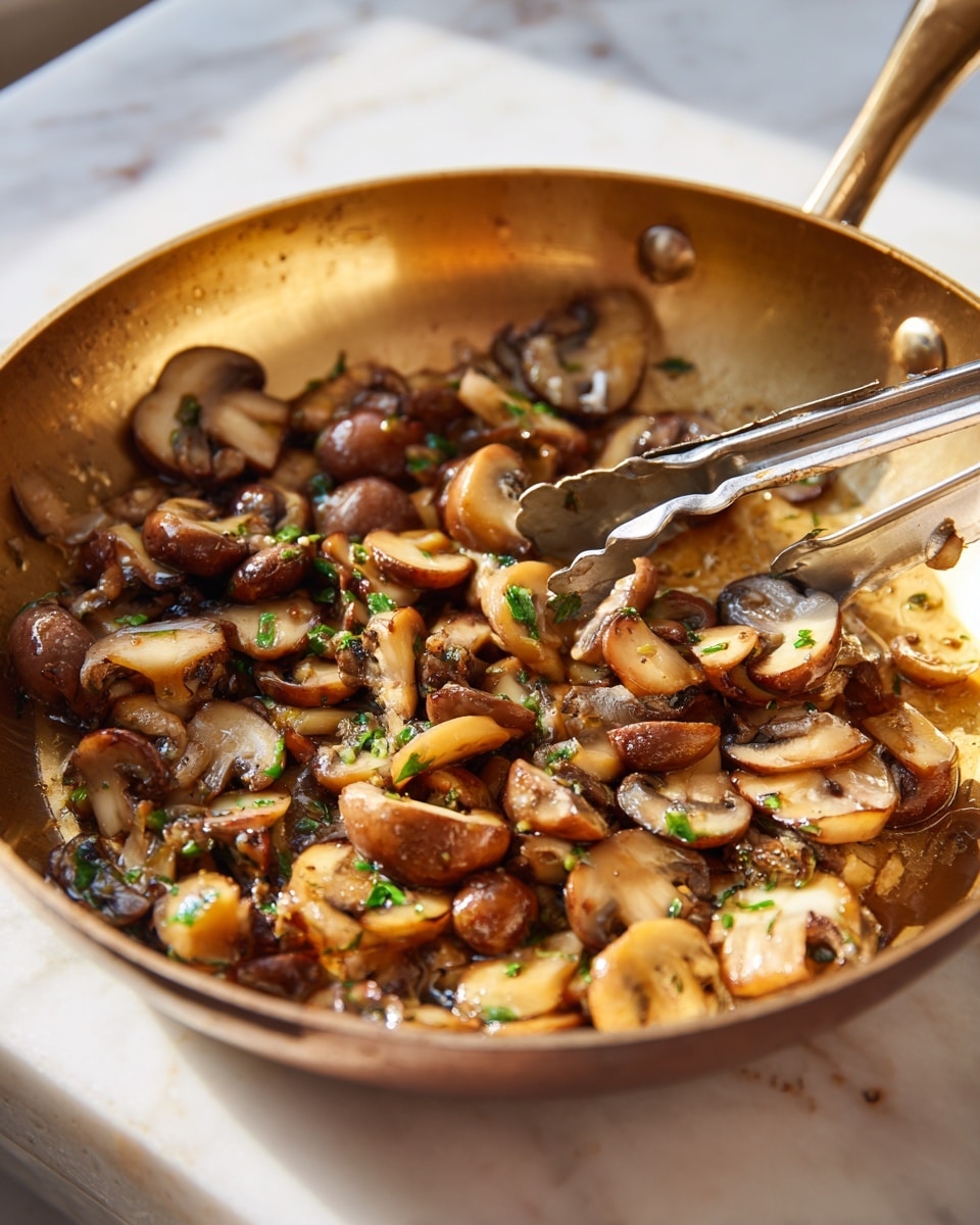 A close-up view of a golden pan on a gas stove with a mix of sliced mushrooms cooking in a light brown sauce. The mushrooms have different shades of brown, ranging from light beige to dark brown, and are coated with the glossy sauce that has a slightly thick texture. Small bits of green, possibly chopped herbs or scallions, are scattered throughout the mixture. A pair of tongs is resting inside the pan, ready to stir the ingredients. The scene is set on a white marbled surface with soft natural light highlighting the textures and colors of the dish. photo taken with an iphone --ar 4:5 --v 7