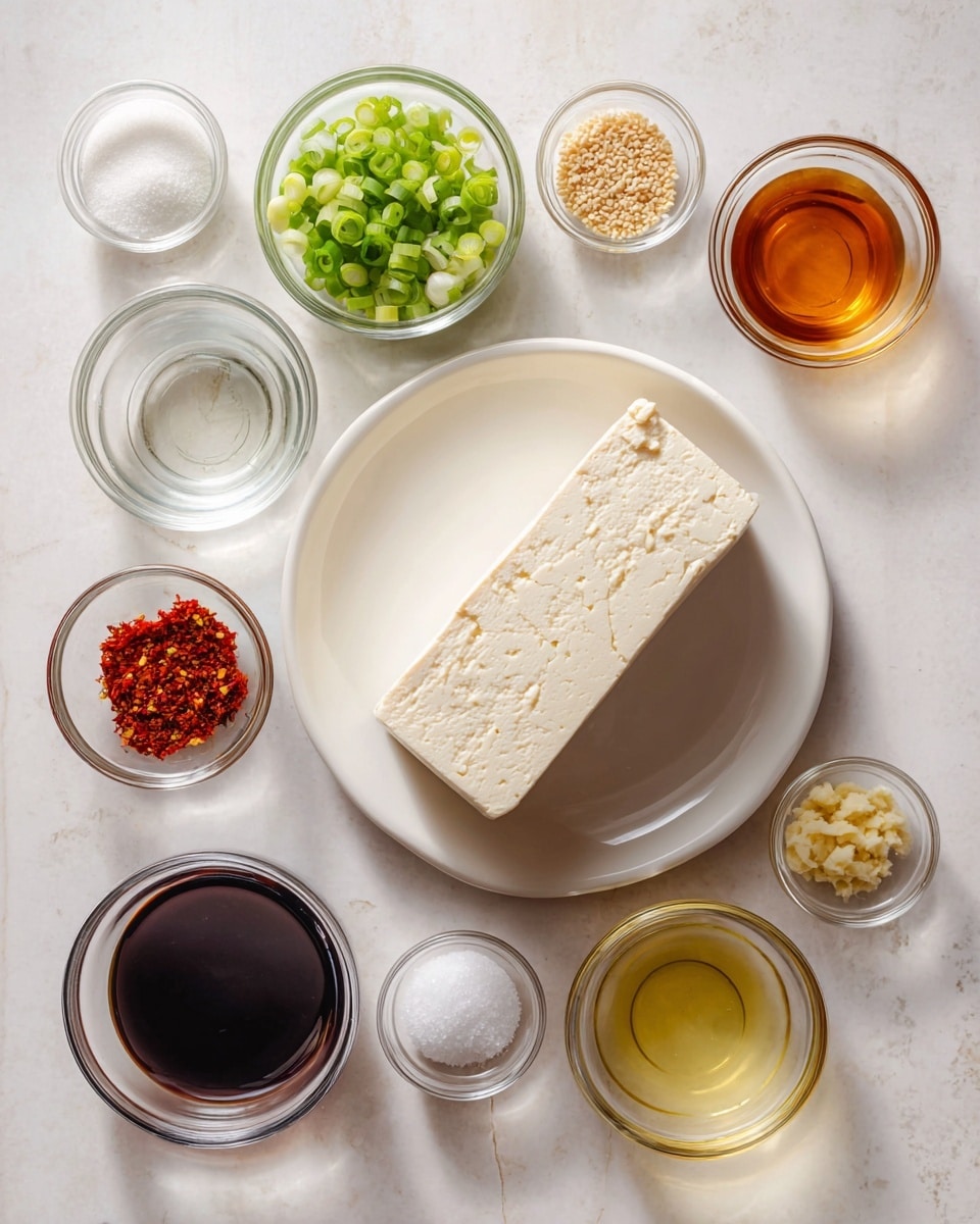 The image shows a white plate on a white marbled surface holding a rectangular block of tofu with a light cream color and smooth texture. Next to the plate are nine small glass bowls arranged in a grid. Each bowl contains a different ingredient: chopped green onions with a vibrant green hue, granulated white sugar, a clear liquid that looks like water, another clear liquid that is slightly less filled, white salt crystals, a dark brown soy sauce, bright red chili flakes, light brown sesame seeds, a light yellow oil, finely minced pale yellow garlic, and amber-colored liquid, possibly vinegar. The setup has a clean and organized look with bright and natural lighting. photo taken with an iphone --ar 4:5 --v 7