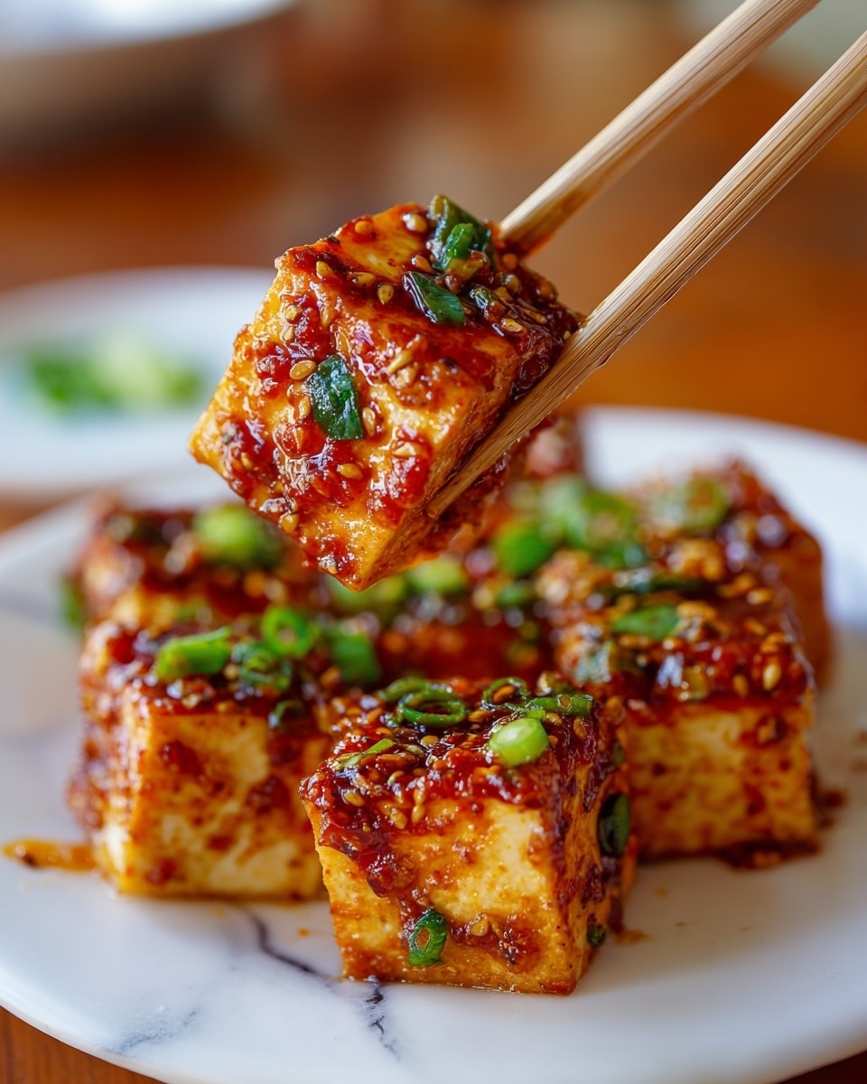 A close-up of a square piece of tofu covered in a red spicy sauce with visible sesame seeds and chopped green onions, being held by wooden chopsticks above another piece of tofu on a white plate. The tofu has a golden brown, crispy texture underneath the sauce. The background features white marbled texture with some blurred green details. photo taken with an iphone --ar 4:5 --v 7