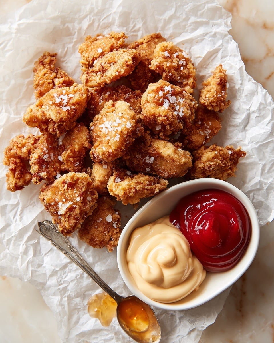 A pile of golden brown fried pieces with a crunchy texture, sprinkled with coarse white salt, sits on crumpled white parchment paper. To the right, a white oval bowl holds two sauces side by side: a bright red ketchup and a creamy off-white mayo with a swirl of light orange. A metal spoon with sauce on it rests just below the bowl. The scene is set on a white marbled surface with soft, warm lighting highlighting the crispy food texture photo taken with an iphone --ar 4:5 --v 7
