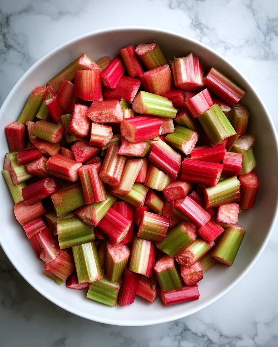 A white bowl filled with many small pieces of cut red and green rhubarb, showing the inner texture of the rhubarb stalks, all resting on a white marbled surface photo taken with an iphone --ar 4:5 --v 7