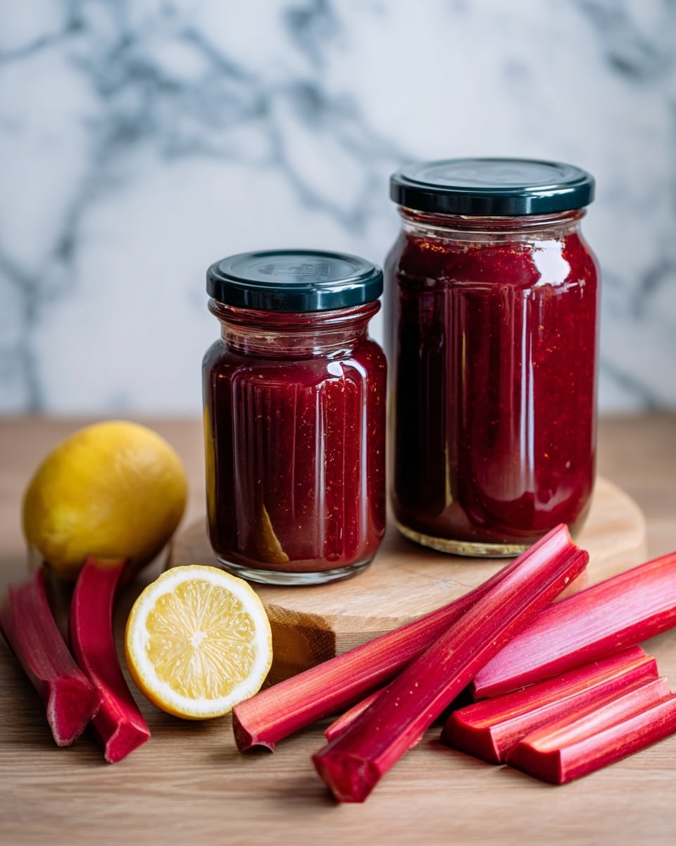 The image shows two clear glass jars filled with dark red jam, both with black lids. The smaller jar is on the left, and the larger jar is on the right. In front of the jars are red rhubarb pieces, some whole stalks and some sliced. To the left, a half lemon with a bright yellow inside rests on the surface. All items are placed on a wooden surface with a white marbled background. Photo taken with an iphone --ar 4:5 --v 7