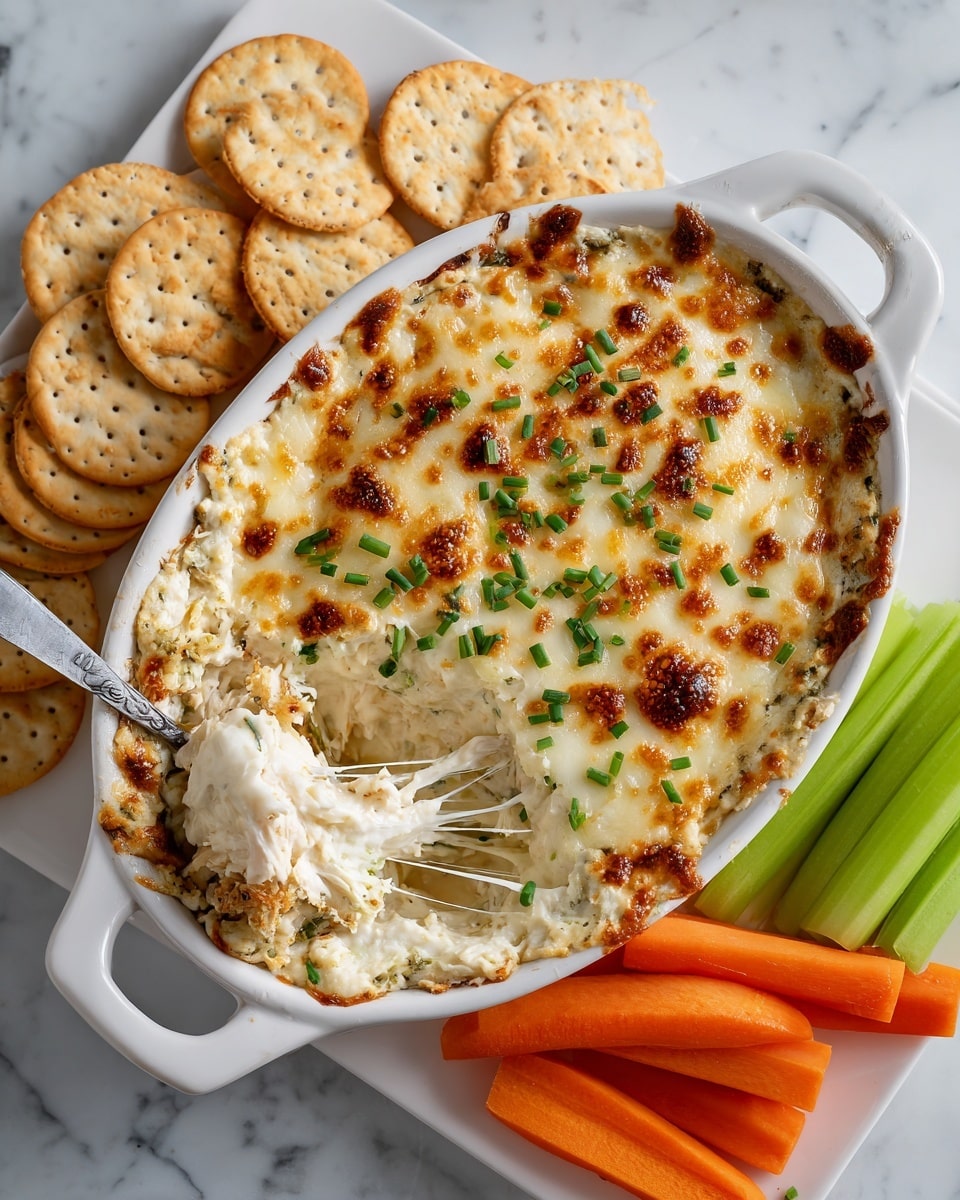 A creamy cheesy dip with a lightly browned top layer speckled with bright green chopped chives, filling a large white dish; the surface shows a textured mixture with melted cheese blending with bits of what looks like chicken or mushroom. A single white cracker in the foreground is held by a woman's hand, topped with a scoop of the dip showing a soft, cheesy inside with green chives on top. The dish sits on a white marbled surface, and there are a few crackers nearby. photo taken with an iphone --ar 4:5 --v 7