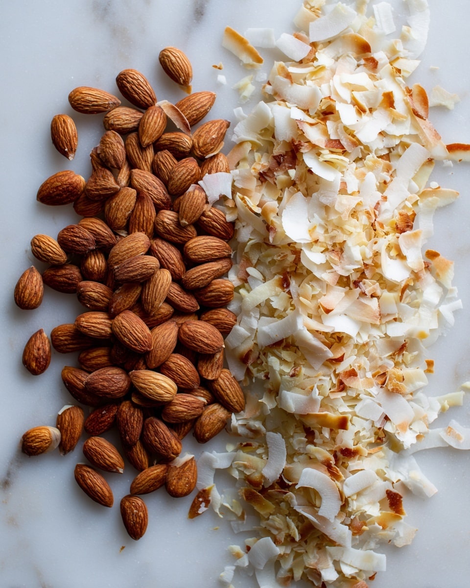 The image shows two main layers side by side on a white marbled surface: on the left, there is a pile of whole brown almonds with smooth, slightly wrinkled texture, evenly spread out, and on the right, there are toasted coconut flakes in various sizes, some curved and some flat, with a mix of white and light brown colors from toasting. The almonds are dense and uniform while the coconut flakes appear irregular and light. Photo taken with an iphone --ar 4:5 --v 7