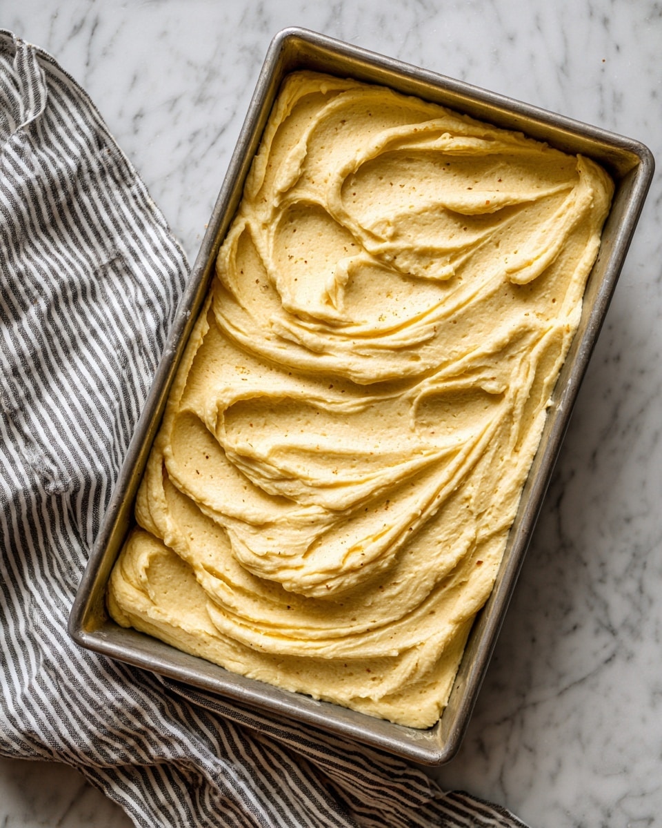 A close-up view of a single layer of creamy yellow mash filling a rectangular metal baking pan, smooth with soft ridges and swirls across the surface, showing a light texture with small specks of seasoning scattered throughout. The pan rests on a white marbled surface with a striped cloth partially visible on the left side photo taken with an iphone --ar 4:5 --v 7