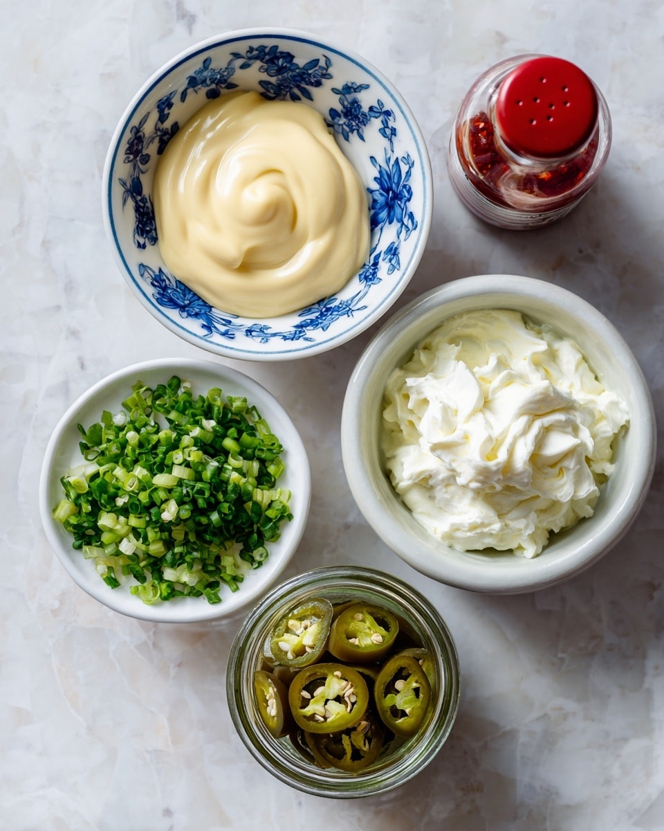 Four small bowls are placed on a white marbled surface. The top left bowl is white with blue floral patterns and filled with smooth, pale yellow mayo. The top right bowl, matching the first, holds a fluffy, white whipped cream. Below these, a small white bowl is filled with finely chopped green herbs. Next to it, a glass jar contains several sliced green jalapeños in liquid, and in front of it stands a small glass bottle with a red condiment and red cap. The arrangement is neat, showing different textures and colors of the ingredients photo taken with an iphone --ar 4:5 --v 7