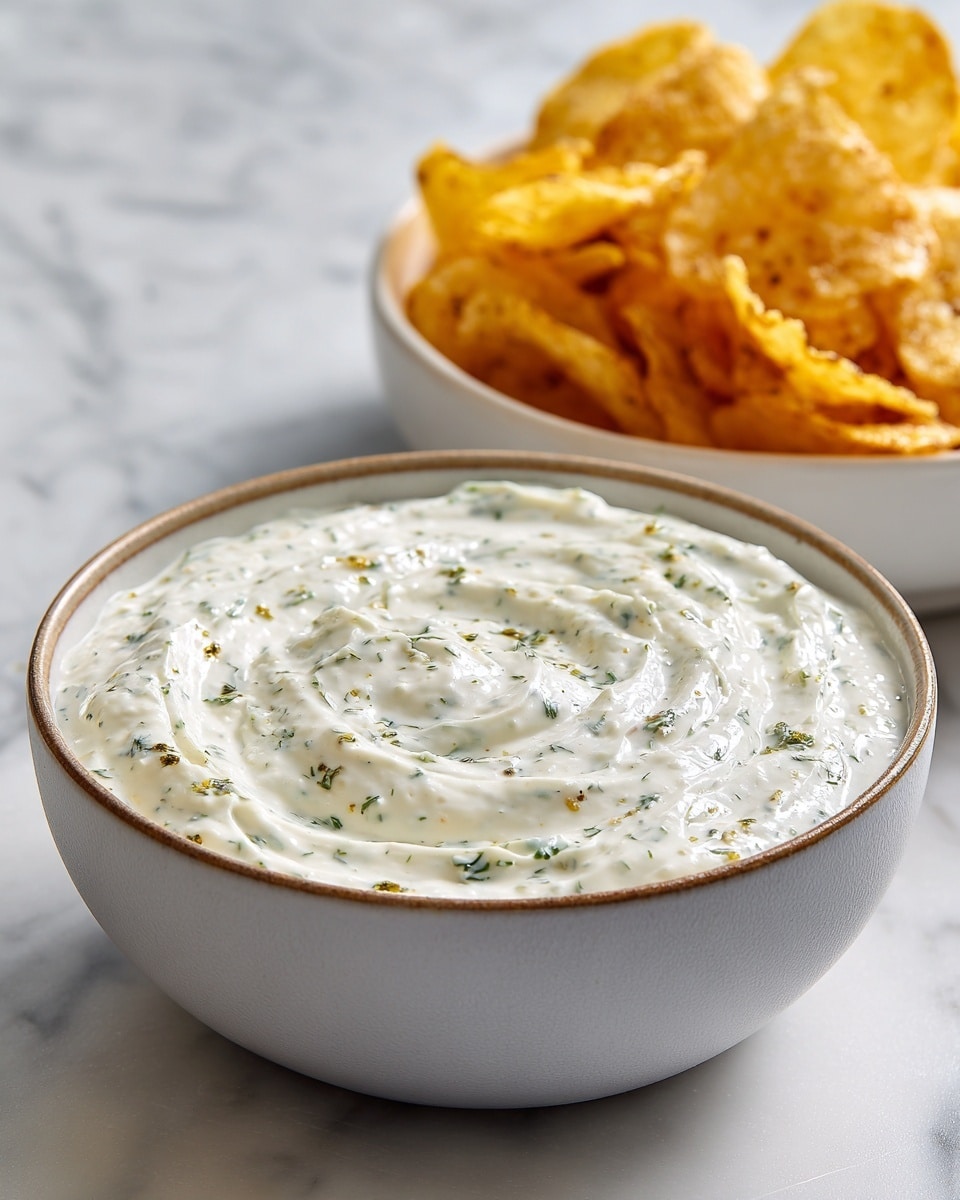 A bowl filled with creamy white dip with visible small green herb bits mixed in, showing a smooth yet slightly textured surface with gentle swirls. The bowl is light grey with a thin darker rim and rests on a white marbled surface. Next to it on the top right corner, there is a white bowl filled with golden-yellow potato chips that have a crunchy texture. Photo taken with an iphone --ar 4:5 --v 7