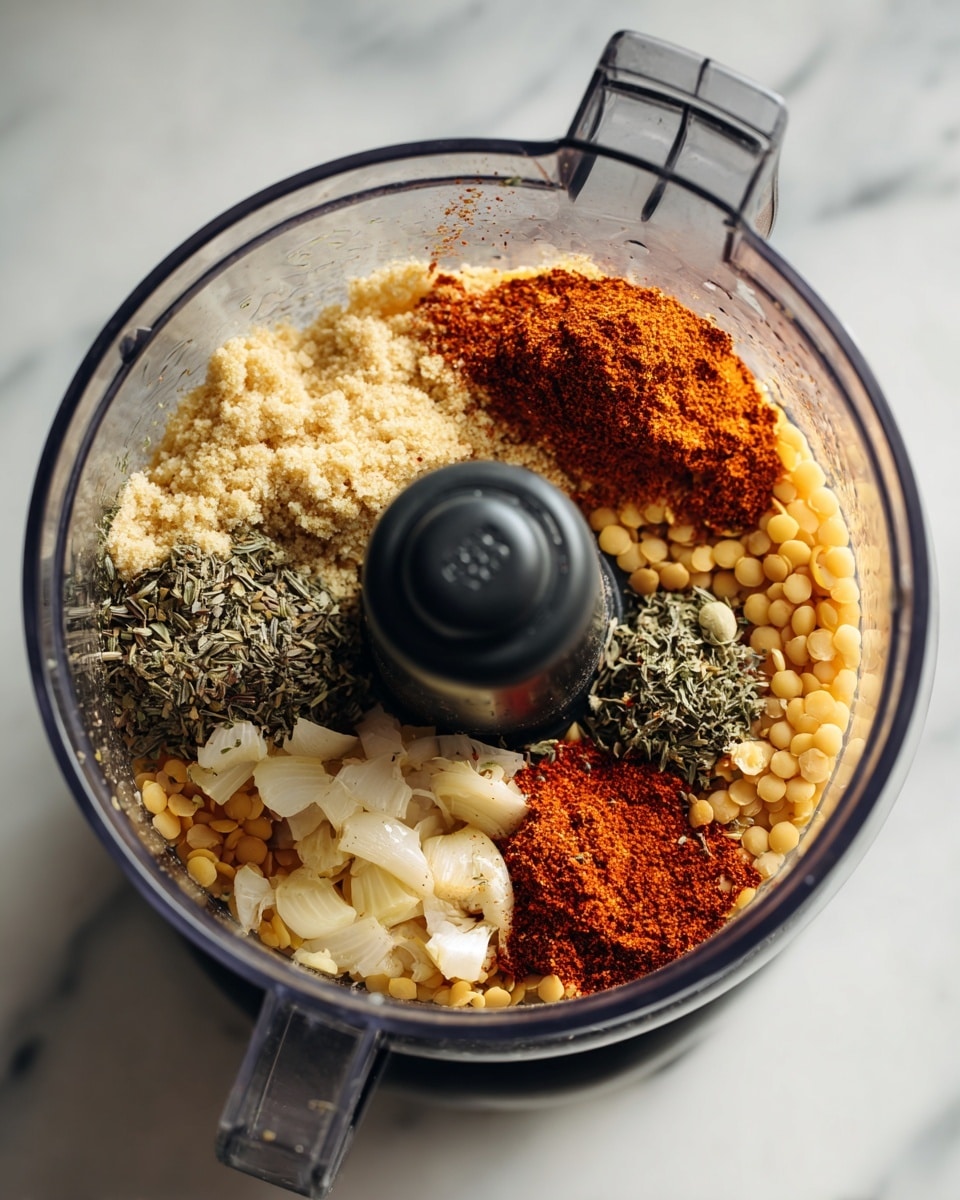 A clear food processor bowl filled with a mix of light yellow cooked lentils forming the base layer, with small piles of reddish-orange paprika powder, pale yellow minced garlic, a few greenish dried herbs, and some olive oil drizzled on top, all surrounding the central black blender attachment; the background is a white marbled texture. photo taken with an iphone --ar 4:5 --v 7