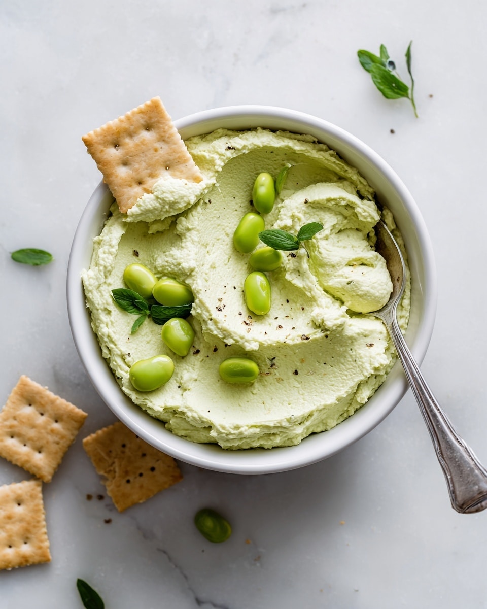 The image shows a white bowl filled with a light green, creamy spread that has a smooth, slightly textured surface. On top of the spread, there are bright green whole beans and a few small green leaves placed randomly. A square cracker is partially dipped into the spread at the top left side, with some spread on it. A silver spoon rests inside the bowl on the right side, with some spread scooped onto it. The bowl sits on a white marbled surface with two more square crackers placed nearby, one partially visible on the lower left and one near the bottom center. Photo taken with an iphone --ar 4:5 --v 7
