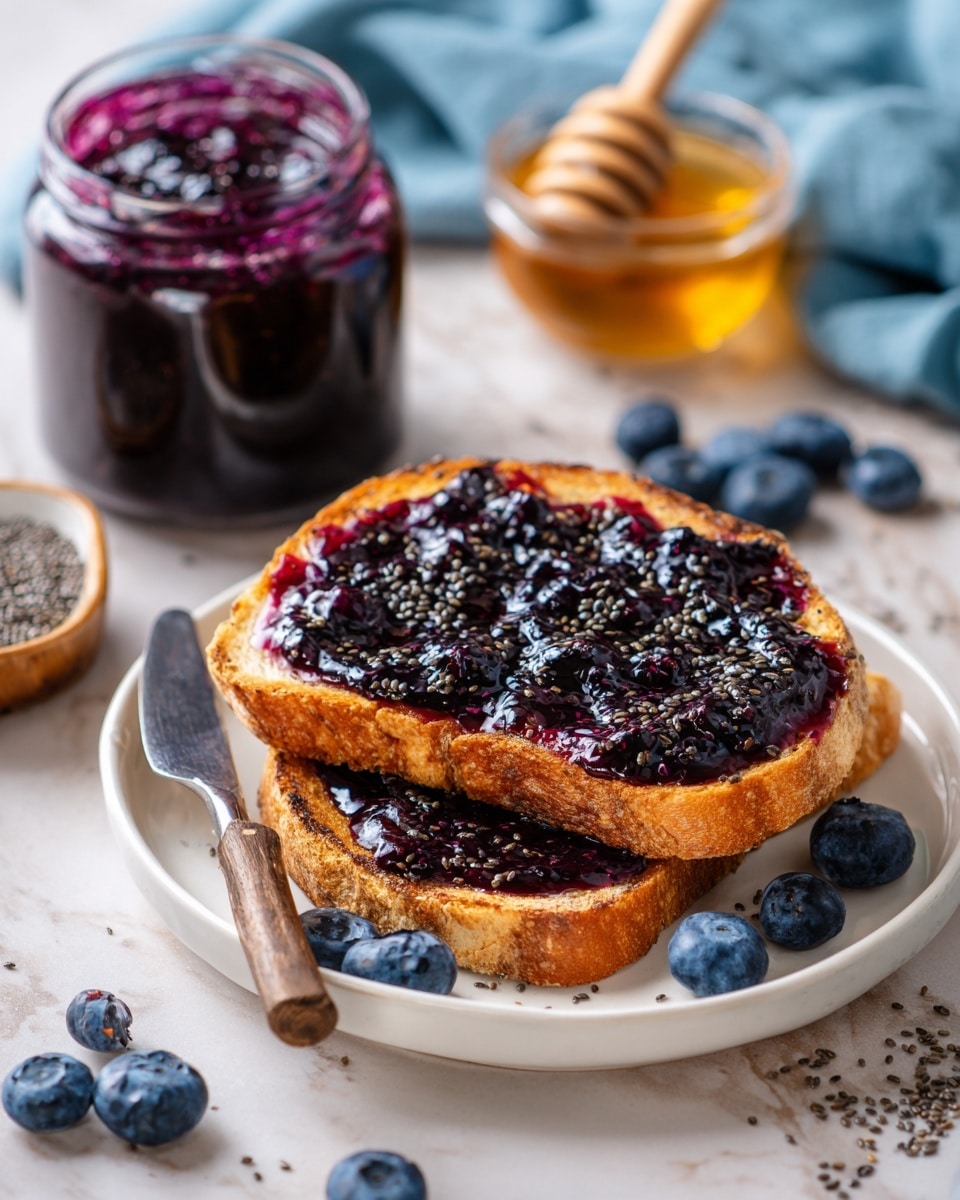 A white plate with two layers of light golden brown toasted bread, with the top slice thickly covered with dark purple, shiny jam that looks textured and sticky. There are several fresh whole blueberries scattered around the plate and the white marbled surface underneath. A silver butter knife rests on the plate next to the bread. In the background, there is a large glass jar filled with the same dark purple jam and a small glass jar of golden honey with a honey dipper inside, all sitting on a soft blue cloth. A wooden spoon with dark chia seeds is also visible on the surface. Photo taken with an iphone --ar 4:5 --v 7