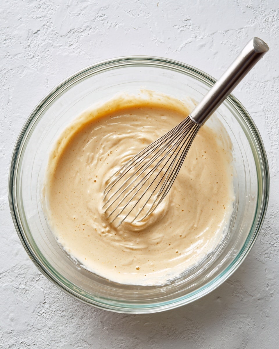 A clear glass bowl is filled with a light beige creamy batter that looks smooth with some gentle swirls and small bubbles on the surface. A shiny silver whisk with thin wires is resting inside the bowl, partially covered in the batter, angled diagonally from the top right toward the center of the bowl. The bowl sits on a white marbled surface with a slightly textured look. photo taken with an iphone --ar 4:5 --v 7