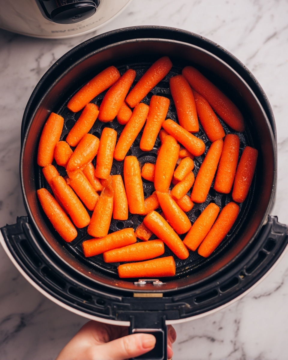 The image shows a black air fryer basket filled with one layer of bright orange baby carrots, all evenly spread out and slightly shiny, indicating a light coating of seasoning or oil. The basket is round with a visible grated bottom, and a white and black air fryer unit partly visible above. A woman's hand is holding the basket handle at the bottom of the image, with a white marbled surface in the background. photo taken with an iphone --ar 4:5 --v 7