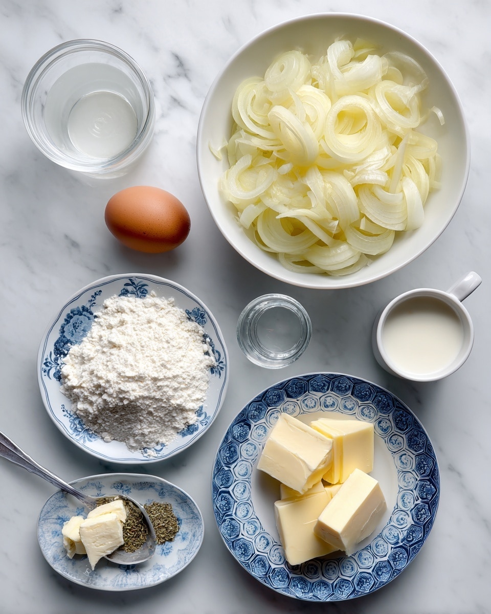 The image shows a top view of several cooking ingredients arranged neatly on a white marbled surface. At the top center, there is a white bowl filled with many thin, pale yellow onion slices. To the right of the onion bowl, a small clear glass contains a clear liquid. Below it is a white bowl filled with a heap of white flour. To the left of the flour bowl, there is a brown egg and a small clear glass filled with white milk. Below the egg and milk, a small white plate with blue patterns holds chunks of white cheese. Next to this, another white plate with a blue hexagonal pattern carries several pieces of pale yellow butter cut into sticks. Lastly, on the bottom left corner, a metal spoon labeled