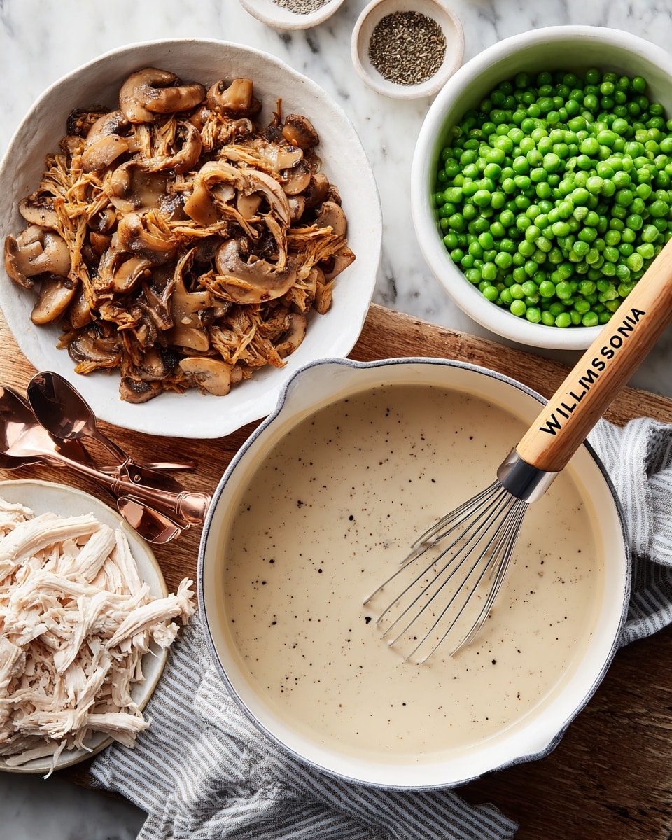 A white pot filled with creamy light beige sauce with small black specks, a wooden whisk handle marked
