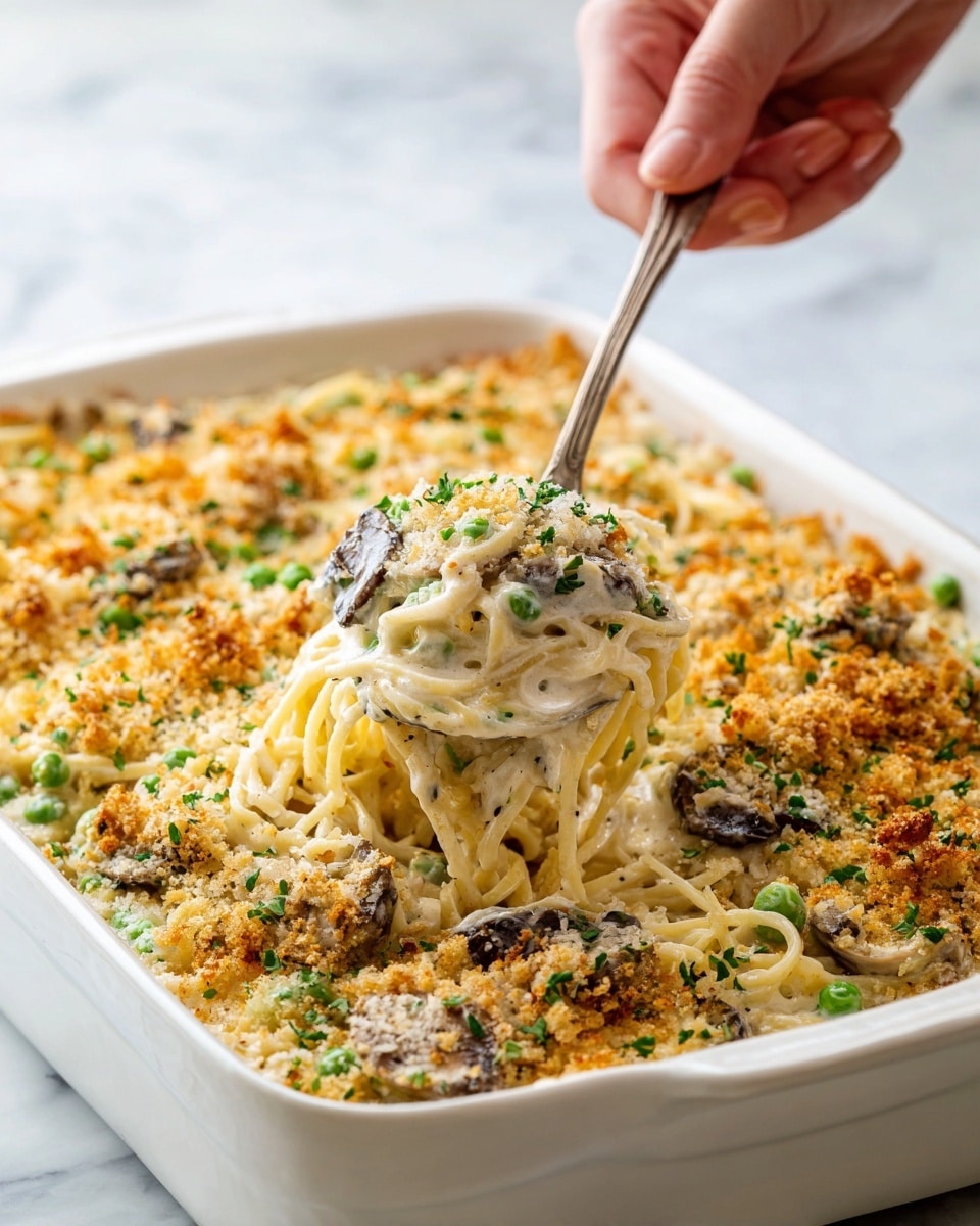 In a white rectangular dish on a white marbled surface, a creamy noodle casserole is shown with visible layers. The bottom layer is spaghetti noodles coated in a thick white sauce mixed with green peas and dark mushroom slices. On top, the casserole is covered with a golden brown crumb topping that has small green herb bits scattered throughout. A silver serving spoon is lifting a portion from the dish, showing the creamy texture of the noodles and sauce beneath the topping. The photo has a close-up focus on the casserole with a soft background and a woman's hand holding the spoon photo taken with an iphone --ar 4:5 --v 7