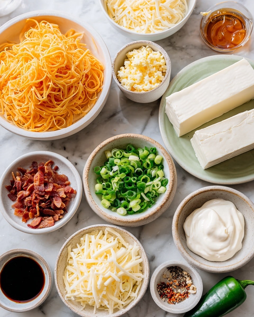 The image shows many small bowls and a plate arranged on a white marbled surface, each holding different ingredients. A large white bowl is filled with thin, curled orange-yellow shreds of cheese on the top left, while another white bowl below has pale yellow shredded cheese. To the right, a light green plate holds two thick, smooth white blocks of cream cheese. Around these are smaller white bowls with different textures and colors: one with crumbled light yellow cheese, one with bright green chopped jalapeño pieces beside a whole green jalapeño, one with reddish-brown crispy bacon bits, one filled with thick white sour cream, one with a creamy pale sauce, thinly sliced green onions, and a small bowl of dark soy-like sauce. There is also a small bowl with a reddish orange sauce and one with a mix of white salt and black pepper. The woman's hand is not visible in this image. Photo taken with an iphone --ar 4:5 --v 7