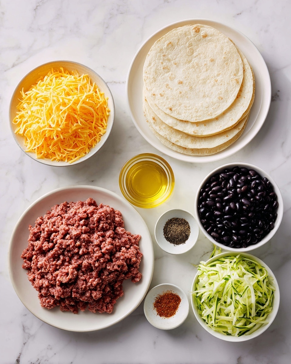 The image shows ingredients for a meal arranged on a white marbled surface. There are four white tortillas stacked on a plain white plate at the top center. A bowl filled with bright orange shredded cheese is placed to the left. Below the cheese, there is a plate with a large portion of raw ground meat. To the right of the meat, there is a white bowl holding light green shredded zucchini. Next to the zucchini, a smaller glass bowl contains a golden yellow liquid. Below that, a bowl full of black beans stands next to a small white bowl with a mix of spices, including black, red, and light brown powders. photo taken with an iphone --ar 4:5 --v 7