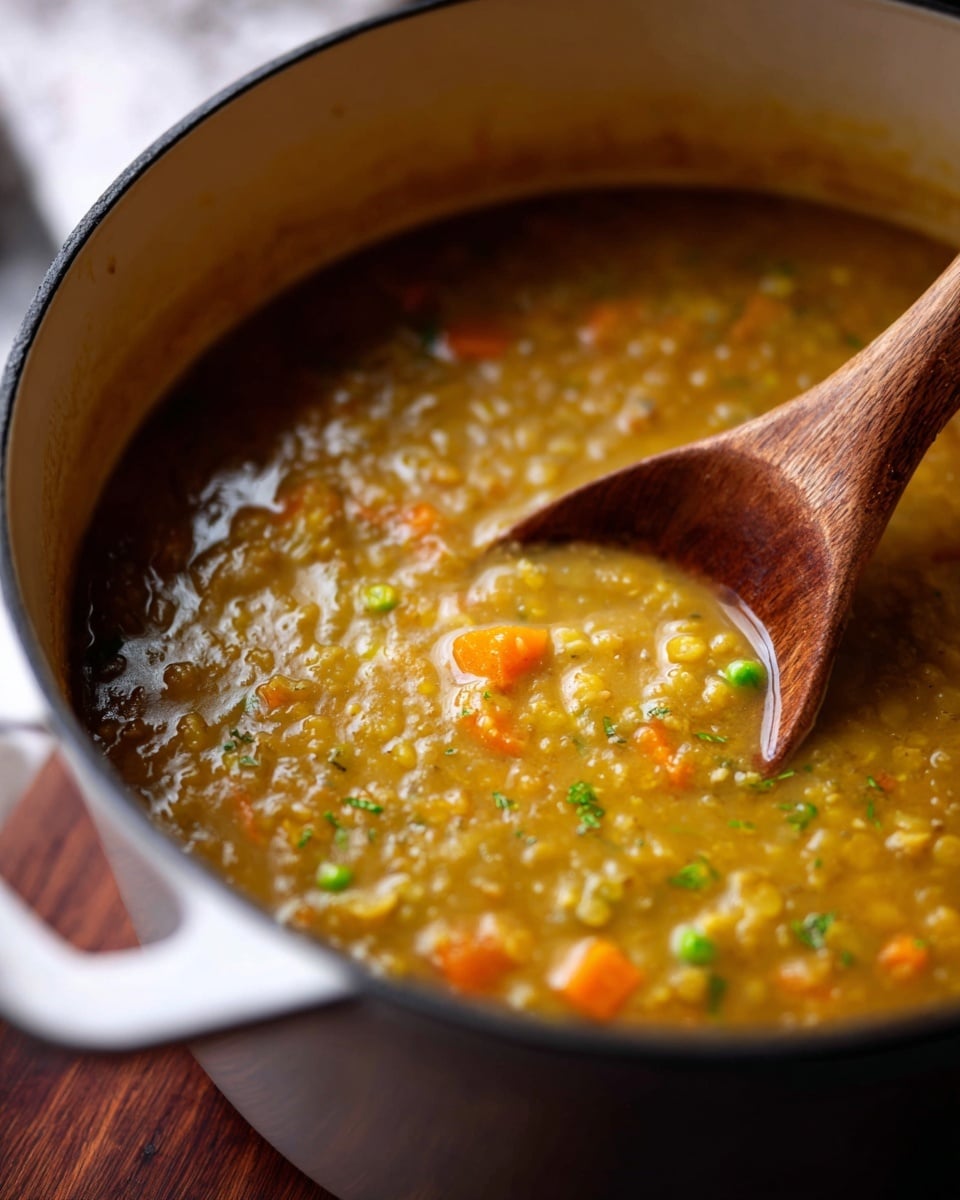 A close-up view of thick, yellow-green lentil soup with visible small chunks of orange carrot and green vegetables, inside a white pot with a black rim, being stirred by a wooden spoon with a smooth rich brown texture. The soup has a slightly chunky texture with a glossy surface. The pot sits on a dark brown wooden chopping board, with a white marbled texture visible around the edges. photo taken with an iphone --ar 4:5 --v 7