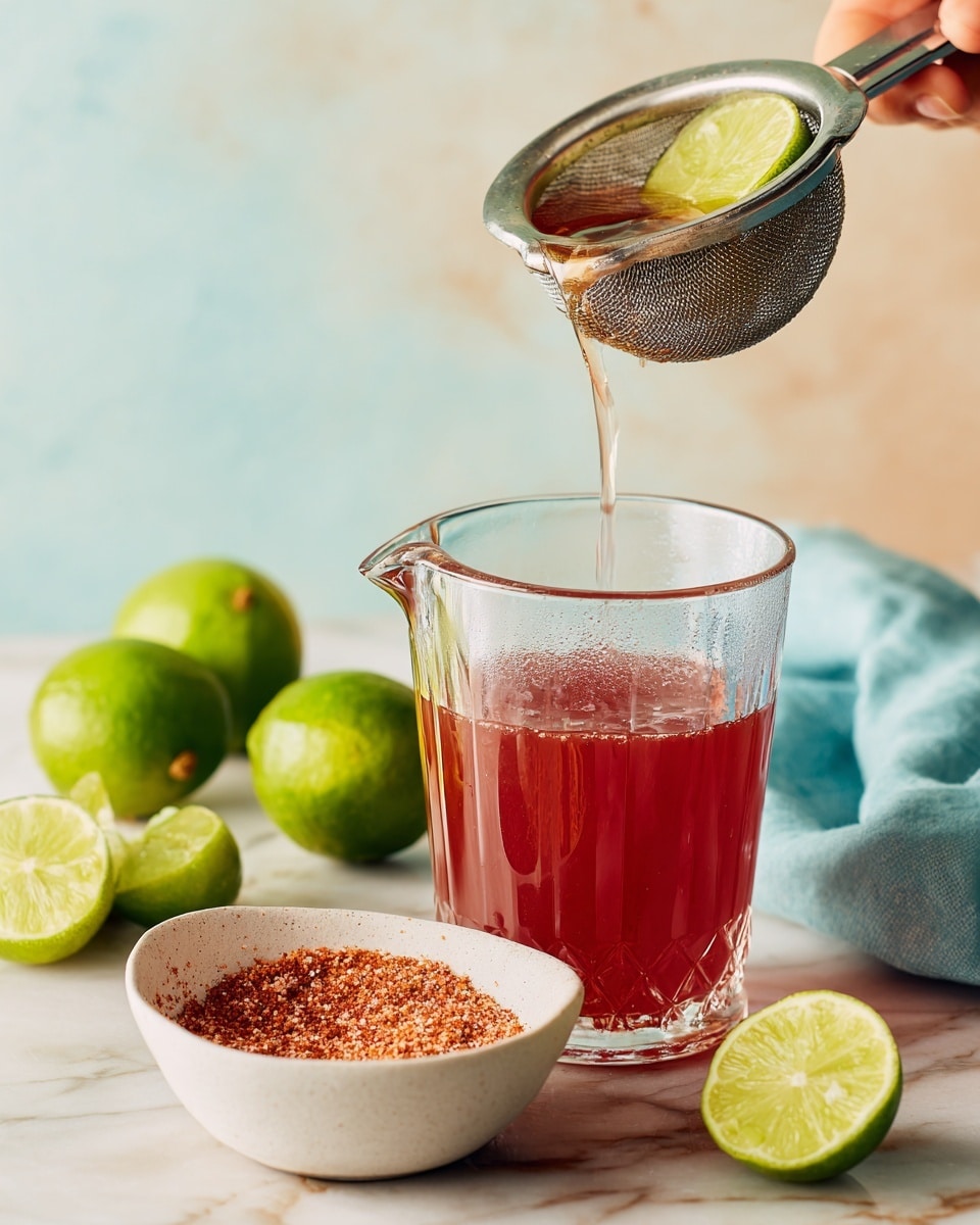 The left side shows a close-up of a clear glass being dipped at an angle into a small white bowl full of coarse red and brown seasoning, with some seasoning stuck around the bottom inside edge of the glass. The right side shows a clear glass pitcher filled halfway with reddish liquid, while a woman's hand squeezes fresh light green lime juice through a silver metal juicer into the pitcher. The scene is set on a white marbled surface with whole and cut green limes, and a soft blue cloth near the pitcher, against a soft light blue and beige background. Photo taken with an iphone --ar 4:5 --v 7