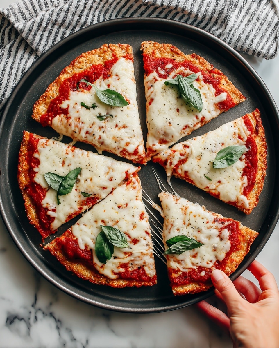 A close-up of a pizza with six slices on a round dark pan, showing a thick, light golden brown crust with a rough texture. The base layer is bright red tomato sauce, topped with melted white mozzarella cheese covering most of the surface with some red sauce spots visible. Fresh green basil leaves are scattered on top, thinly sliced and distributed evenly. One slice is being lifted by a woman's hand from the pan, revealing a stretchy cheese pull. The background shows a striped cloth on a white marbled surface. Photo taken with an iphone --ar 4:5 --v 7