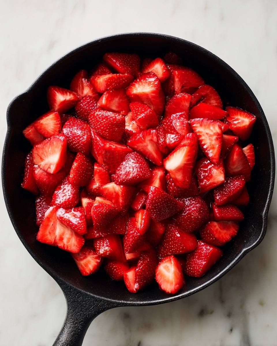 A black cast iron pan filled with many pieces of red strawberries that are sliced into irregular chunks. The strawberries fill the pan almost evenly, with bright red and juicy textures visible. The pan is placed on a white marbled surface that has subtle gray veins, giving a clean and fresh look. The handle of the pan extends outwards and is clearly visible. Photo taken with an iphone --ar 4:5 --v 7