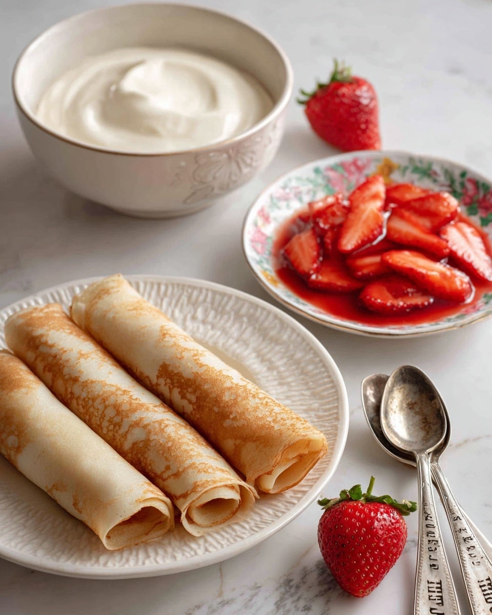 The image shows three light brown crepes neatly rolled and placed side by side on a white plate with a subtle embossed pattern, set on a white marbled surface. Next to the plate is a bowl of thick white cream with a smooth texture, accompanied by two fresh strawberries nearby. In the foreground, a small, colorful plate with a floral pattern holds sliced fresh strawberries covered in a red syrup, creating a glossy, juicy look. Two silver spoons with engraved text rest on the surface near the plates, with a single fresh strawberry close to them. photo taken with an iphone --ar 4:5 --v 7