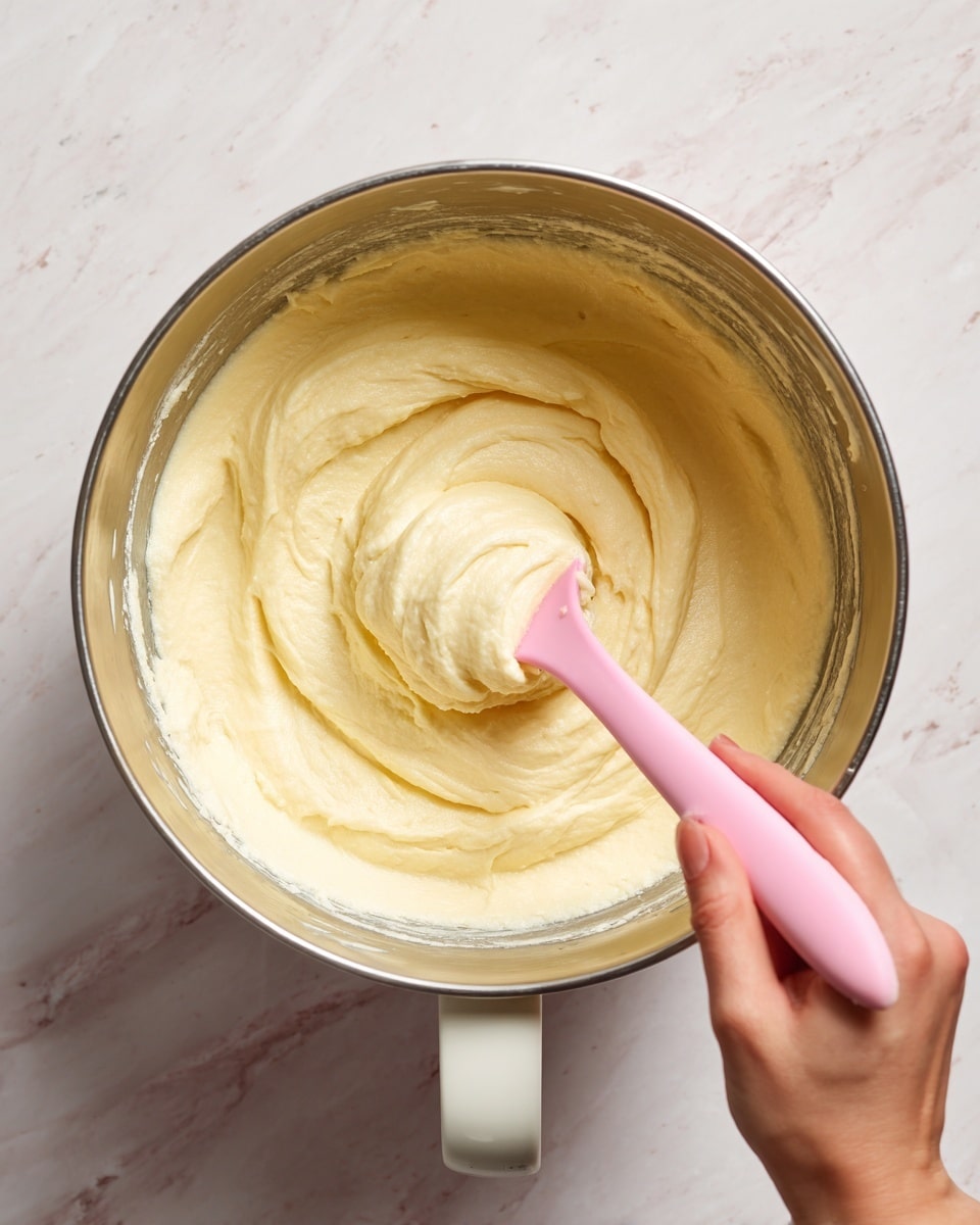 A large silver mixing bowl contains a thick and creamy pale yellow batter with a smooth, slightly fluffy texture. A pale pink spatula, held by a woman's hand, scoops some of the batter up from the right side of the bowl. The bowl is held steady by another woman's hand gripping the white handle on the side. The background and surface consist of a clean white marbled texture. photo taken with an iphone --ar 4:5 --v 7