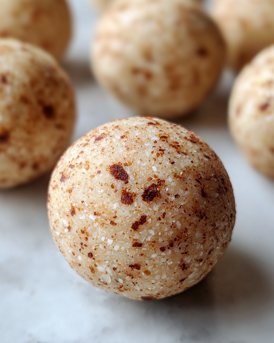 A close-up view of a small round ball-shaped snack with a light beige color and brown specks all over its surface. The texture looks slightly rough and crumbly, and there are similar balls blurred in the white marbled background. The ball sits directly on the white marbled surface, showing no additional layers or toppings. photo taken with an iphone --ar 4:5 --v 7