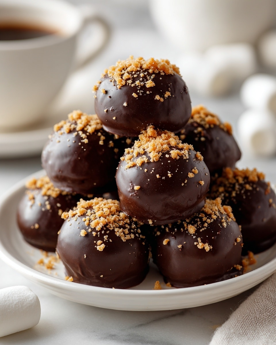 A close-up view shows a chocolate-coated round treat with a rough beige inside texture, resting on two stacked rectangular biscuits with a light brown, crumbly surface; the top of the chocolate coating is sprinkled with small crumbs, and there is a blurred white marshmallow shape in the background, all placed on a white marbled surface photo taken with an iphone --ar 4:5 --v 7