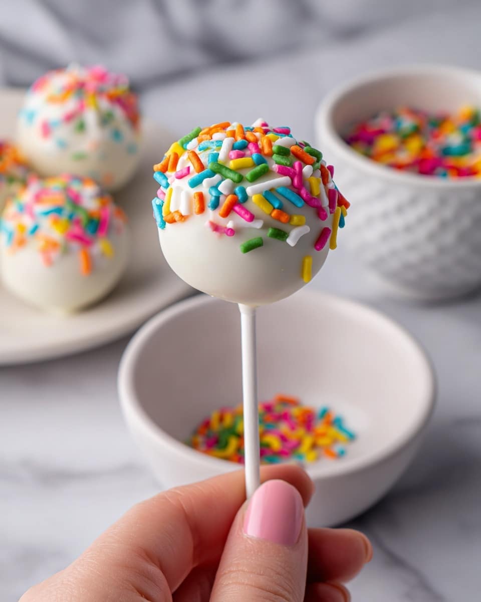A close-up of a single cake pop held at the bottom of a white stick by a woman's hand. The cake pop has a smooth, shiny white coating and is covered with colorful, small sprinkle sticks in green, orange, pink, white, red, yellow, gray, and light blue. It hovers above a white bowl containing some scattered same-colored sprinkles. In the background, there is a white plate with three undecorated round cake pops on sticks and another white bowl filled with colorful sprinkle sticks on a white marbled surface. photo taken with an iphone --ar 4:5 --v 7