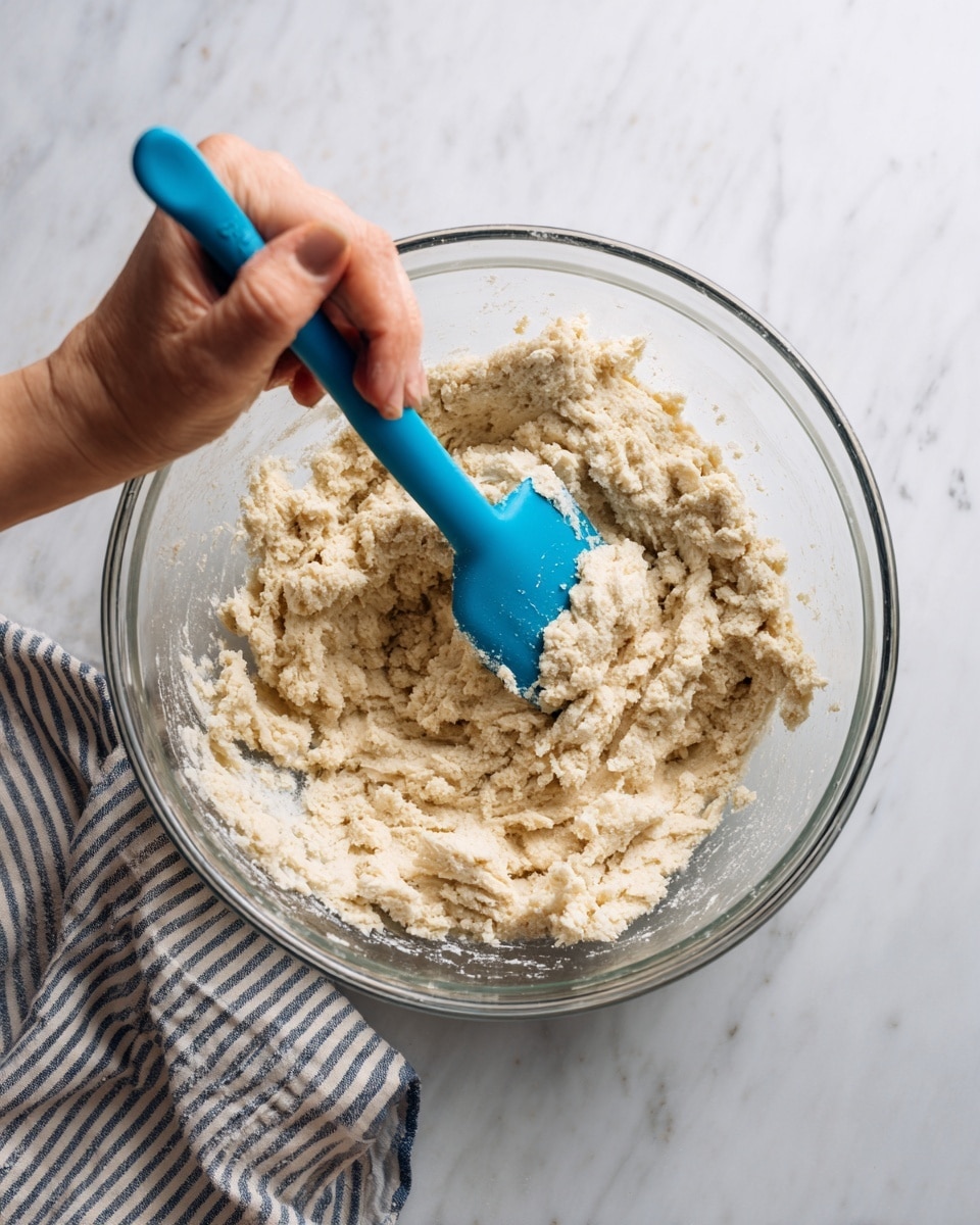 A close-up image showing a woman's hand holding a bright blue spatula mixing a thick beige dough in a clear glass bowl. The dough looks soft and slightly crumbly with an uneven texture. The bowl sits on a white marbled surface, and part of a striped cloth is visible near the edge of the frame. Another empty clear glass bowl is partially seen on the surface nearby. photo taken with an iphone --ar 4:5 --v 7