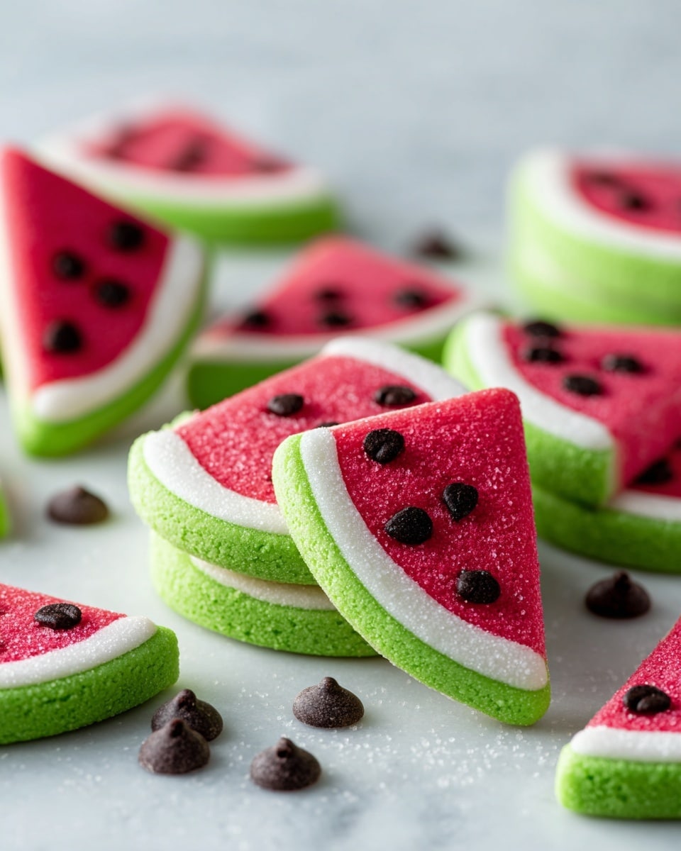 This image shows several round cookies shaped and colored like watermelon slices arranged on a white plate with a lace pattern. Each cookie has three layers: the outer green layer mimics the rind, the middle thin white layer represents the inner rind, and the large pinkish-red center layer is topped with small dark chocolate chips resembling watermelon seeds. The plate is set on a white marbled surface with other watermelon cookies blurred in the background, giving a fresh and summery feel. photo taken with an iphone --ar 4:5 --v 7