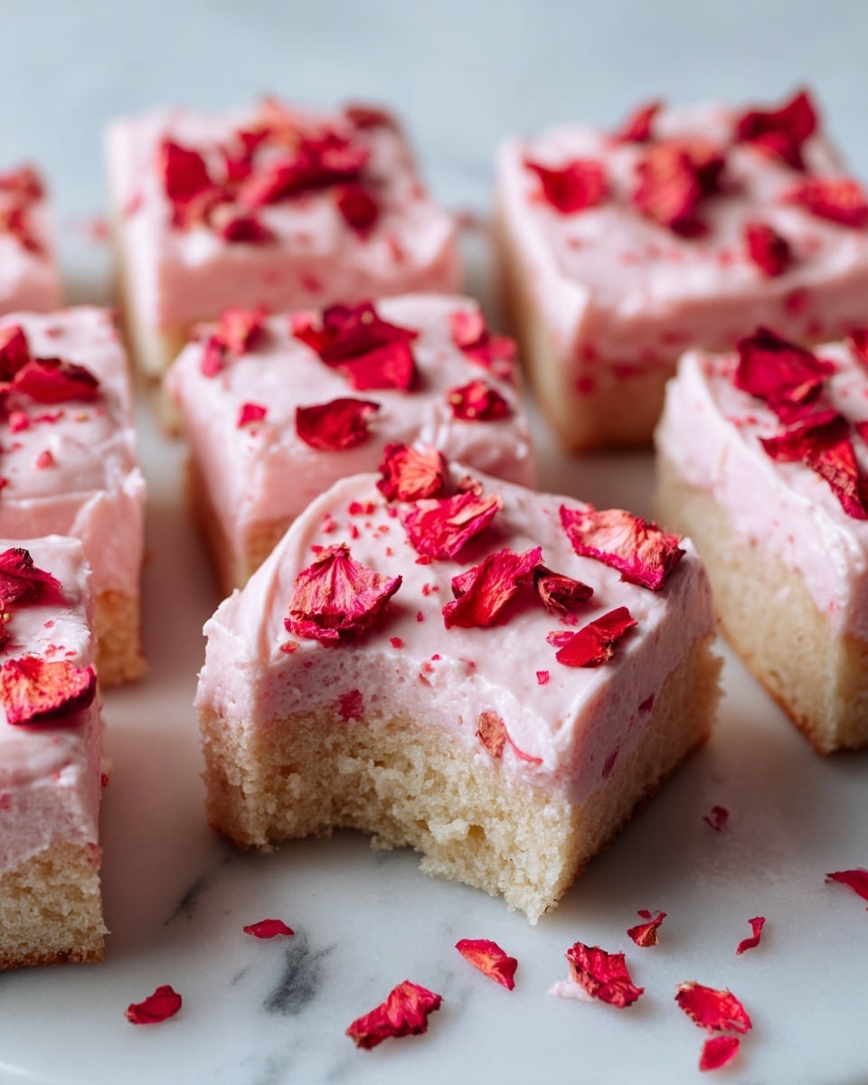 The image shows a close-up of nine square cake pieces placed on a white marbled surface. Each piece has a light brown cake base topped with a thick layer of pale pink frosting that looks soft and creamy. The frosting is unevenly spread, giving a textured feel. Bright red dried strawberry pieces are scattered on top of each frosted cake piece and some on the white marbled surface around them. One of the cake squares has been lifted slightly, showing the dense cake base underneath. The lighting highlights the smoothness of the frosting and the contrast between the pink and red toppings, making the cake look fresh and inviting. Photo taken with an iphone --ar 4:5 --v 7
