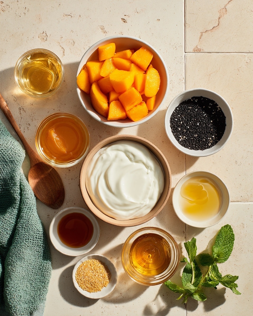 The image shows a flat lay of various ingredients placed on a light beige tiled surface. Two white bowls filled with bright orange peach chunks are positioned toward the top left and bottom right. Near the center is a beige bowl filled with a smooth white creamy mixture. Surrounding these are smaller white bowls and glass containers holding different liquids and ingredients in colors including amber, golden syrup, light yellow, and black seeds. On the left side is a green textured cloth with a wooden spoon resting diagonally on it. A few fresh green mint leaves are placed at the bottom right corner, adding a fresh touch. The overall scene is bright with natural light and organized neatly. Photo taken with an iphone --ar 4:5 --v 7