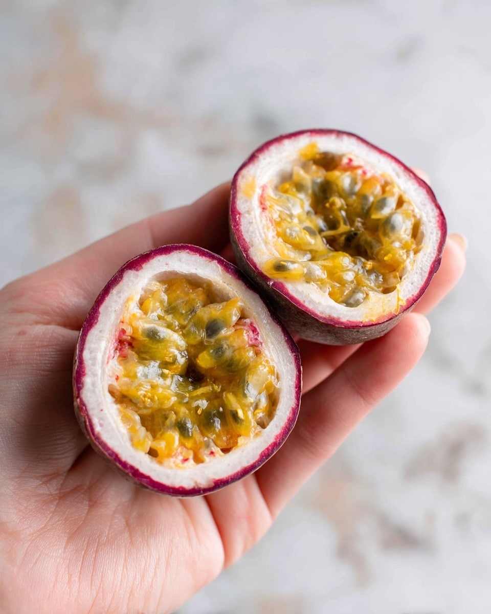 The image shows two halves of a passion fruit held in a woman's hand. Each half has a thin outer layer of reddish-purple skin with a white inner rind. Inside, there is a bright yellow jelly-like pulp filled with small, shiny black seeds mixed in a translucent texture. The pulp looks juicy and slightly glossy, with a mix of smooth and slightly stringy parts. The passion fruit halves are positioned close together against a blurred white marbled background. photo taken with an iphone --ar 4:5 --v 7