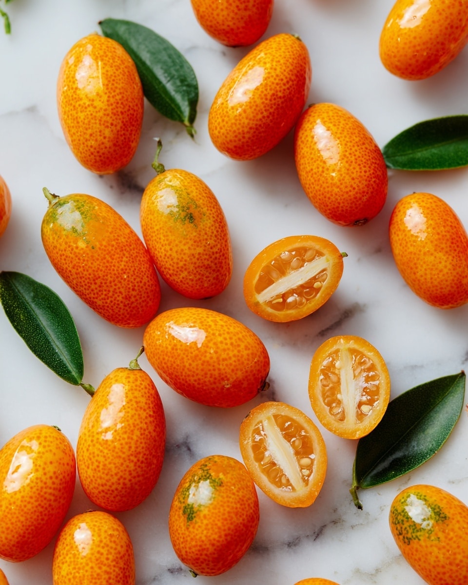 Many small round kumquats are spread out on a white marbled surface, most are whole with a bright orange skin showing some greenish patches. Several kumquats are cut open to show their juicy, shiny orange inner flesh with visible seeds inside. The skin is smooth and slightly glossy, and the pieces are arranged loosely in a natural, casual way. photo taken with an iphone --ar 4:5 --v 7