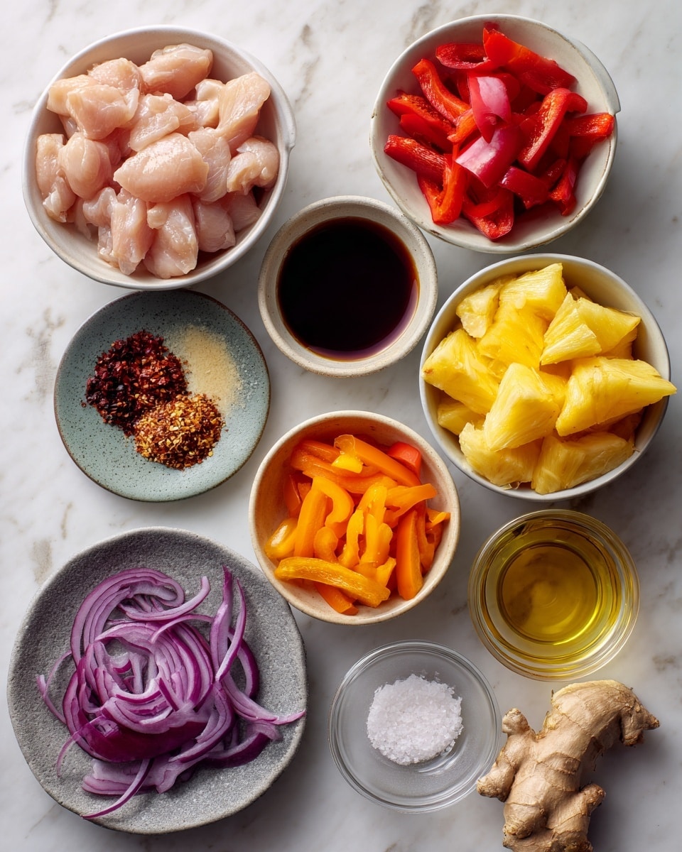 The image shows nine small white bowls and dishes arranged on a white marbled surface, each holding different colorful ingredients. Starting from the top left, there is a bowl filled with raw pale pink chicken pieces. Directly next to it, a bowl contains red bell pepper slices. On the top right, there is a bowl filled with dark brown soy sauce. Just below, a bowl is full of bright yellow pineapple chunks. In the middle, a smaller bowl holds bright orange bell pepper slices. To the left, a small dish contains dark red chili flakes and another nearby dish has light brown ground spices. Below those, a grayish plate holds thinly sliced purple-red onions. In the bottom middle, a small clear container holds a white powder, and to the right of that, a piece of fresh ginger rests with a bowl of clear golden oil next to it. Photo taken with an iphone --ar 4:5 --v 7