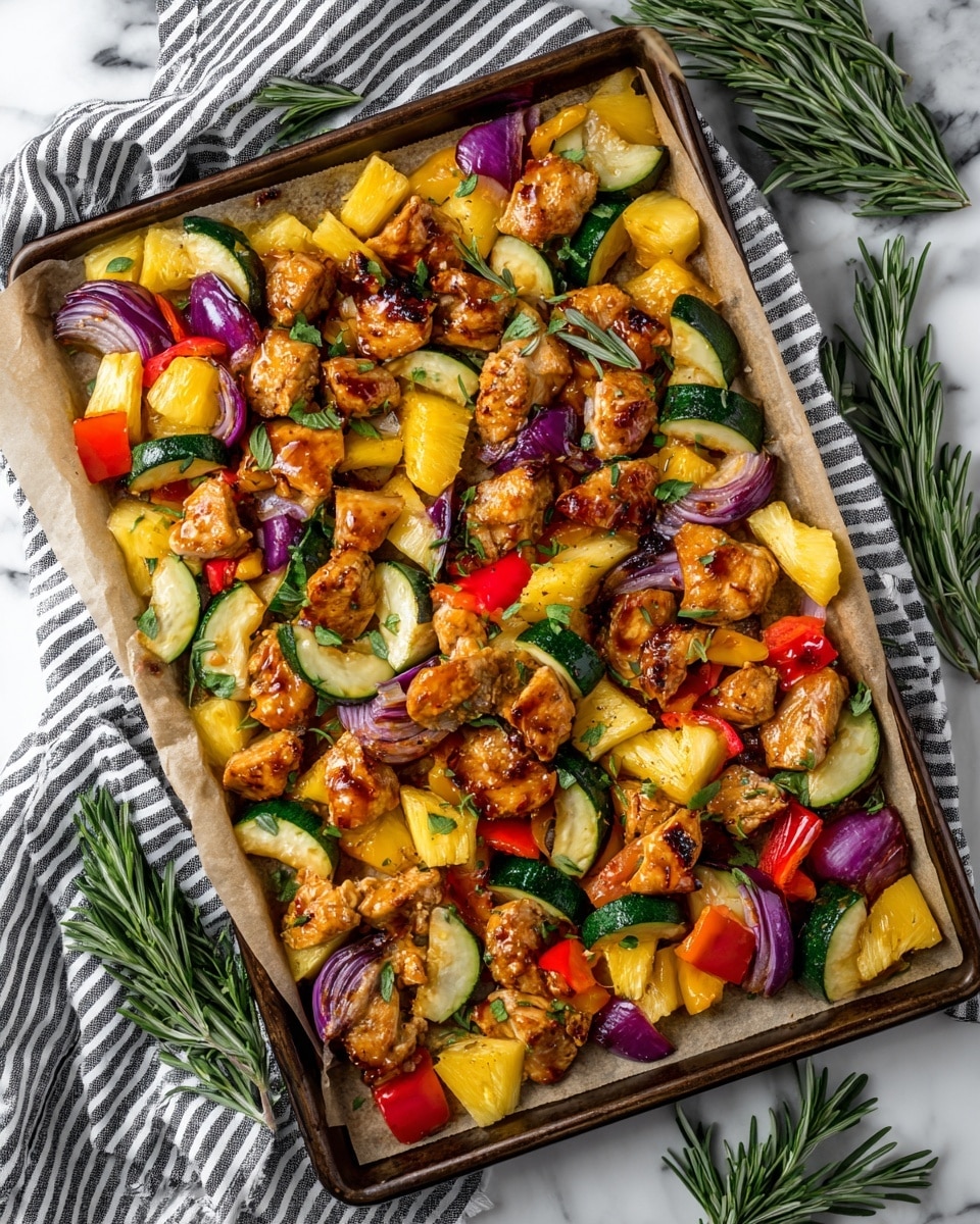 A large baking tray lined with parchment paper holds a colorful mix of glazed chicken pieces, golden pineapple chunks, red and yellow bell pepper strips, purple onion wedges, and green zucchini pieces. The chicken is shiny, caramelized with a golden brown coating scattered evenly across the tray. Fresh green rosemary sprigs and herbs are sprinkled on top, adding a touch of green. The tray is placed on a striped cloth over a white marbled surface, with extra rosemary sprigs lying beside it. photo taken with an iphone --ar 4:5 --v 7