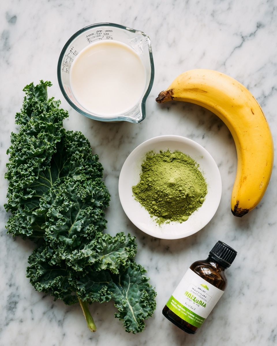The image shows five ingredients placed on a white marbled surface: a clear glass measuring cup filled with a creamy white liquid at the top left; next to it, a bright yellow banana with a small brown tip on the right; below the banana, a small white plate holding a pile of vibrant green powder; to the left of the banana and powder is a bunch of fresh, curly dark green kale leaves; at the bottom right corner lies a small brown glass bottle with a green and white label, slightly tilted, labeled as vanilla extract. Photo taken with an iphone --ar 4:5 --v 7