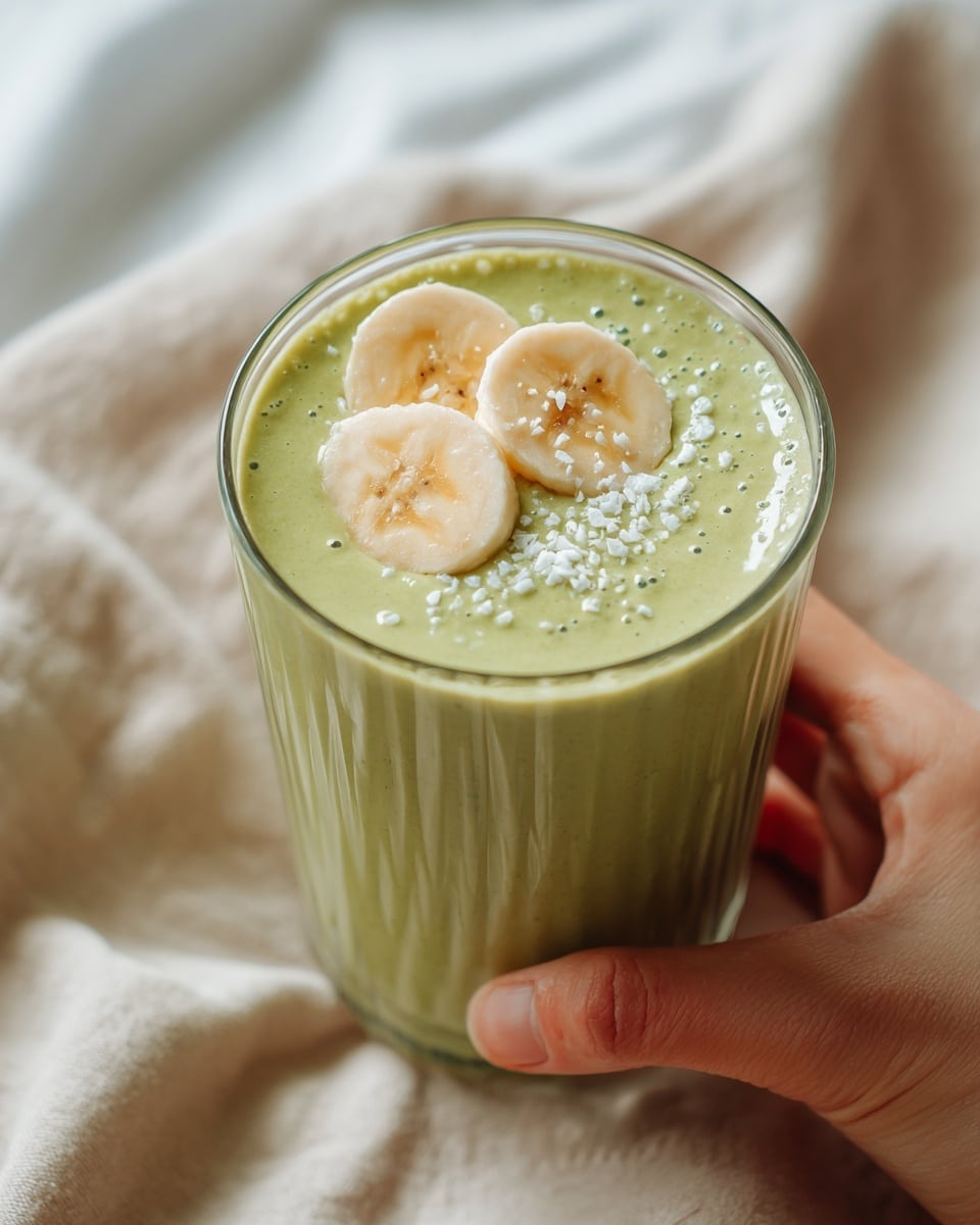 A clear glass filled almost to the top with a thick light green smoothie, with a smooth texture and small bubbles on the surface; two thin pale yellow banana slices are placed on top, sprinkled with small white flakes. The glass has a simple design with subtle vertical ridges and is held by a woman's hand on the right side. The glass sits on a beige cloth with soft folds, all on a white marbled background. Photo taken with an iphone --ar 4:5 --v 7