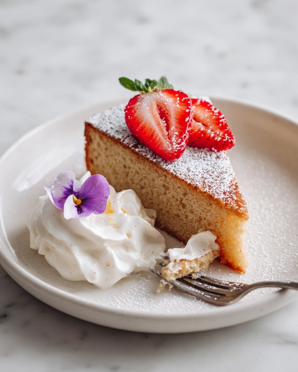 A white plate holds a single triangular slice of light brown cake topped with two red strawberry halves embedded on top and dusted with powdered sugar. Next to the cake is a dollop of white whipped cream with visible vanilla bean specks, decorated with a small purple flower. A silver fork with a small square piece of cake and some cream on its tip rests diagonally across the plate. The plate is placed on a white marbled surface. photo taken with an iphone --ar 4:5 --v 7