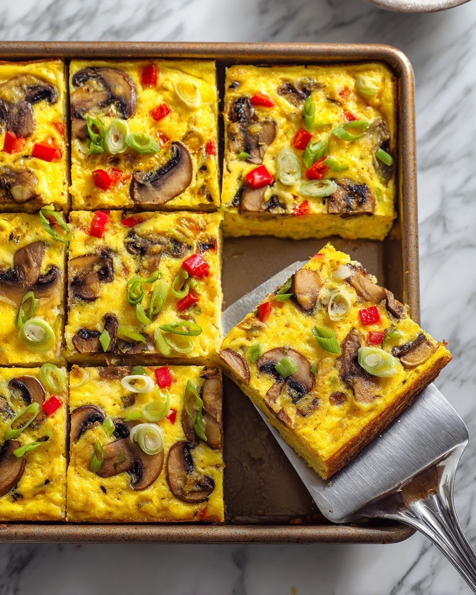A rectangular baking pan filled with a yellow egg-based dish cut into nine square pieces; the surface is dotted with sliced brown mushrooms, small red bell pepper squares, and green onion rings scattered evenly. The edges of the dish are slightly browned, adding texture contrast against the soft and smooth interior. One piece is being lifted, showing a thick and fluffy layer with visible chunks of vegetables inside. The pan sits on a white marbled surface, with a metal spatula holding the lifted piece from the right side photo taken with an iphone --ar 4:5 --v 7